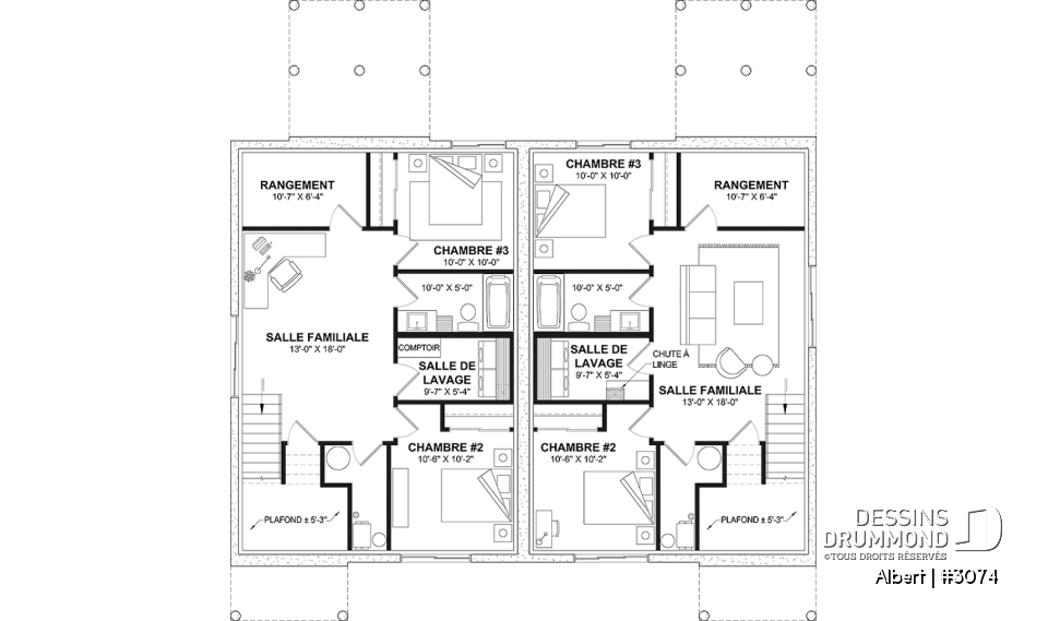 Sous-sol - Plan de maisons jumelées proposant deux aménagements différents au rez-de-chaussée et total de 3 chambres - Albert