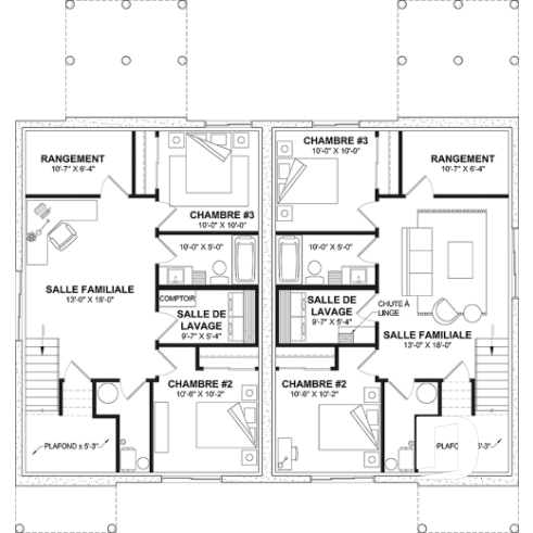 Sous-sol - Plan de maisons jumelées proposant deux aménagements différents au rez-de-chaussée et total de 3 chambres - Albert