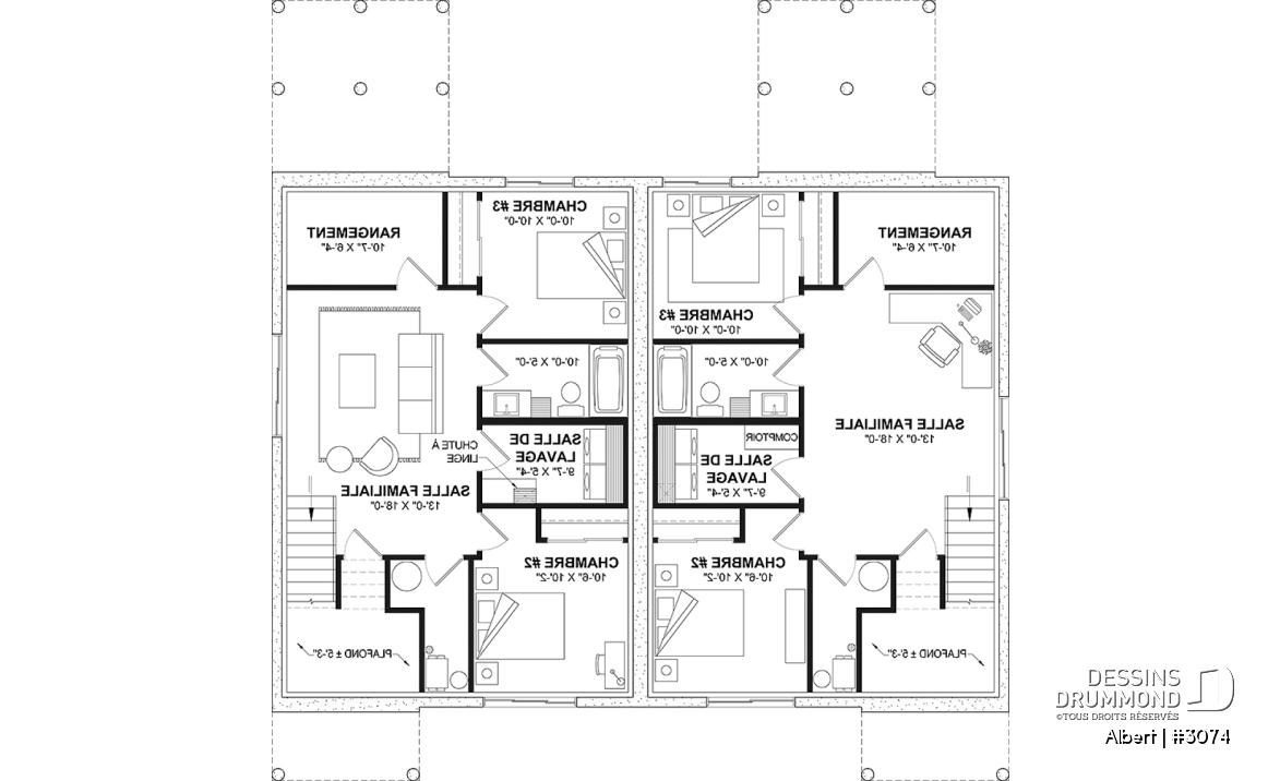 Sous-sol - Plan de maisons jumelées proposant deux aménagements différents au rez-de-chaussée et total de 3 chambres - Albert