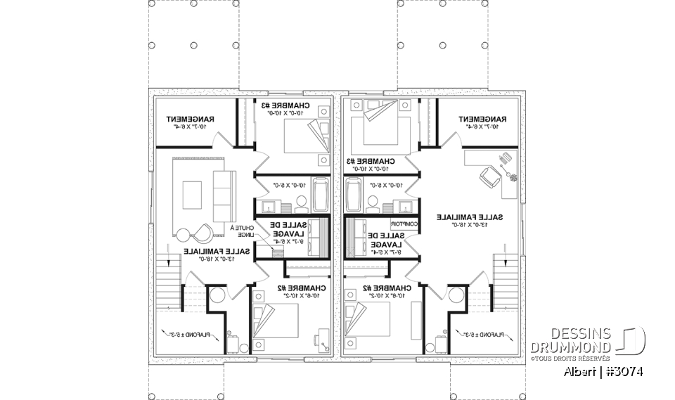 Sous-sol - Plan de maisons jumelées proposant deux aménagements différents au rez-de-chaussée et total de 3 chambres - Albert