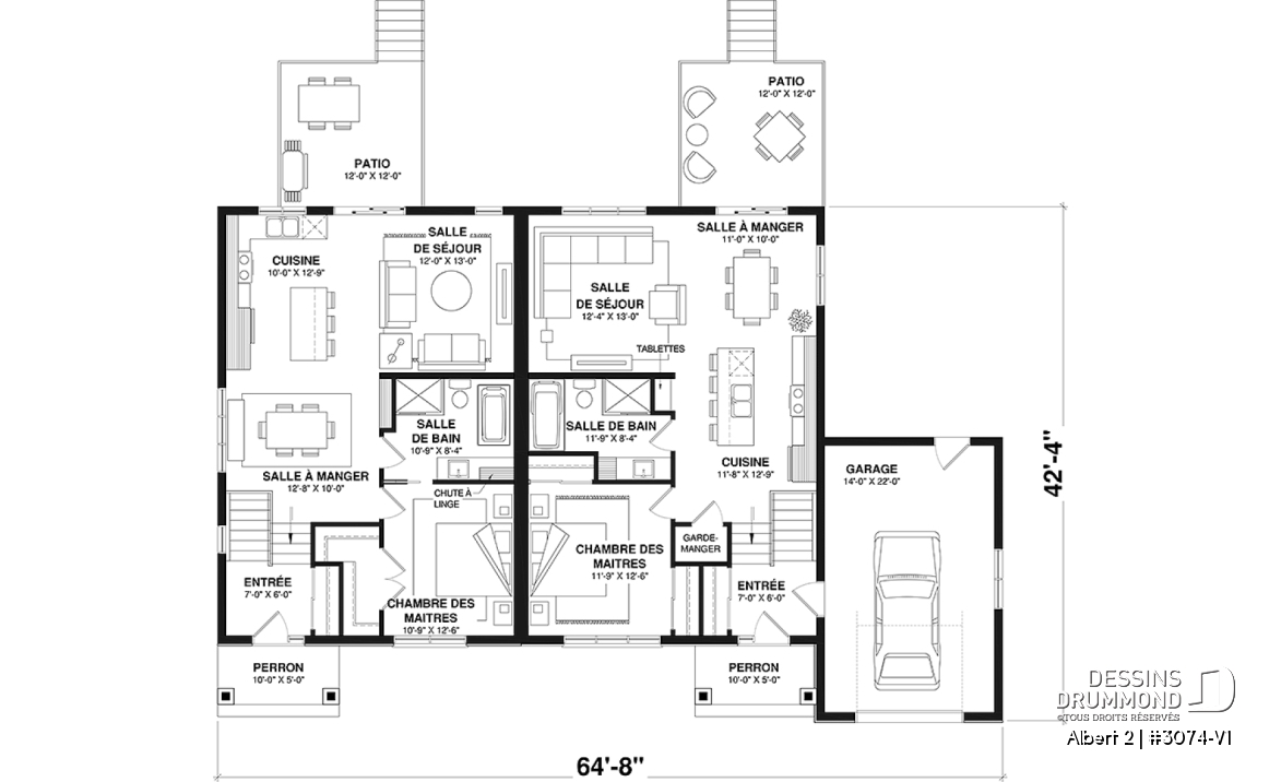 Rez-de-chaussée - Modèle de jumelé avec garage d'un côté, 3 chambres et 2 salles de bain par unité, aire ouverte - Albert 2