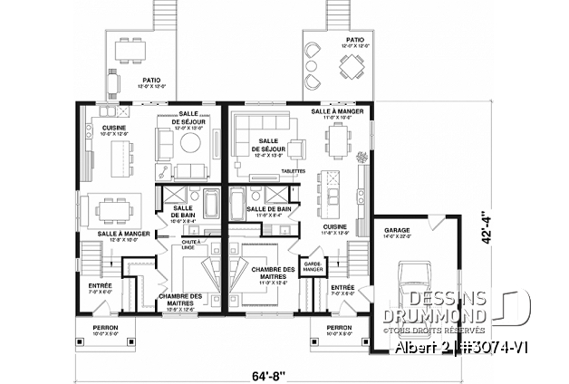 Rez-de-chaussée - Modèle de jumelé avec garage d'un côté, 3 chambres et 2 salles de bain par unité, aire ouverte - Albert 2