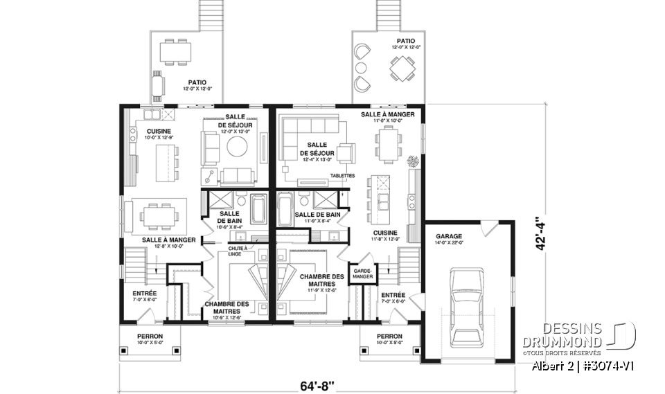 Rez-de-chaussée - Modèle de jumelé avec garage d'un côté, 3 chambres et 2 salles de bain par unité, aire ouverte - Albert 2