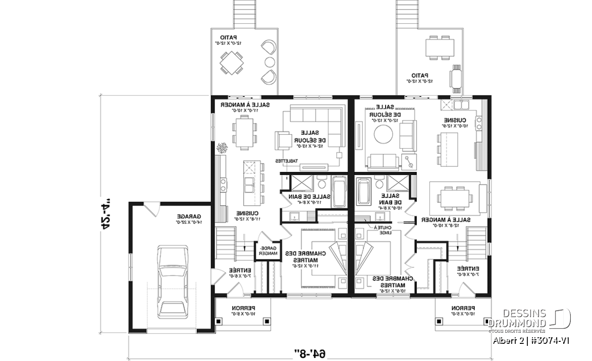 Rez-de-chaussée - Modèle de jumelé avec garage d'un côté, 3 chambres et 2 salles de bain par unité, aire ouverte - Albert 2