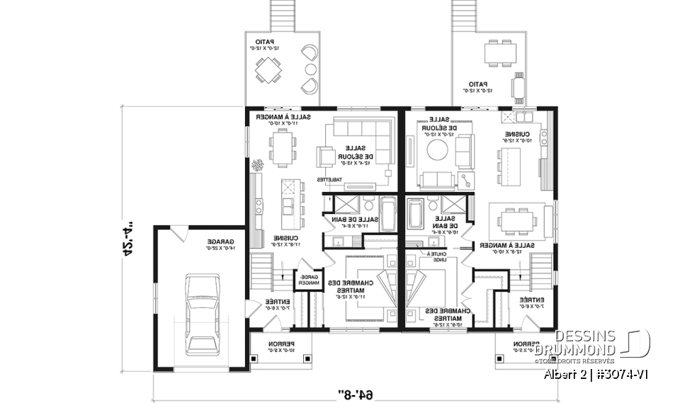 Rez-de-chaussée - Modèle de jumelé avec garage d'un côté, 3 chambres et 2 salles de bain par unité, aire ouverte - Albert 2