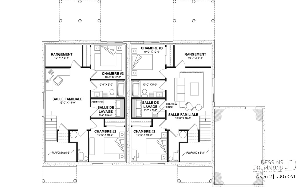 Sous-sol - Modèle de jumelé avec garage d'un côté, 3 chambres et 2 salles de bain par unité, aire ouverte - Albert 2