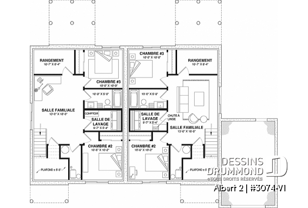 Sous-sol - Modèle de jumelé avec garage d'un côté, 3 chambres et 2 salles de bain par unité, aire ouverte - Albert 2