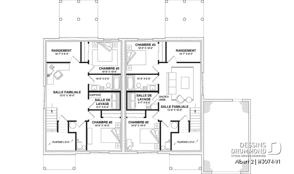 Sous-sol - Modèle de jumelé avec garage d'un côté, 3 chambres et 2 salles de bain par unité, aire ouverte - Albert 2