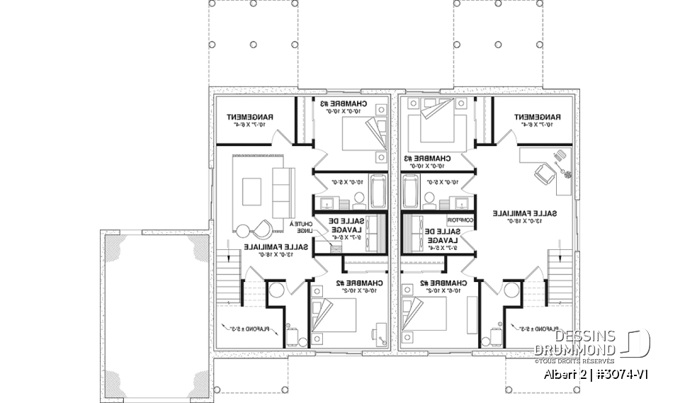 Sous-sol - Modèle de jumelé avec garage d'un côté, 3 chambres et 2 salles de bain par unité, aire ouverte - Albert 2