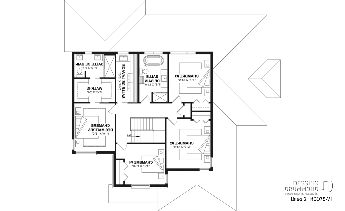 Étage - Plan de maison bi-génération contemporaine avec logement privé, 4-5 chambres et sous-sol aménagé optionnel - Linea 2