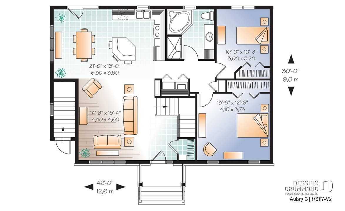 Rez-de-chaussée - Plan de maison plain-pied 3 chambres &amp; 2 salles familiales (proprio) avec appartement au sous-sol de 1 chambre - Aubry 3