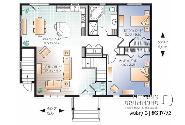 Rez-de-chaussée - Plan de maison plain-pied 3 chambres & 2 salles familiales (proprio) avec appartement au sous-sol de 1 chambre - Aubry 3