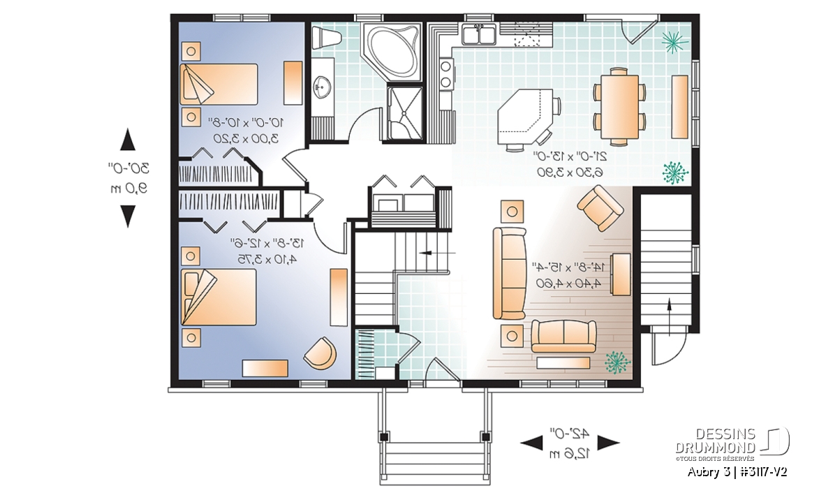 Rez-de-chaussée - Plan de maison plain-pied 3 chambres &amp; 2 salles familiales (proprio) avec appartement au sous-sol de 1 chambre - Aubry 3