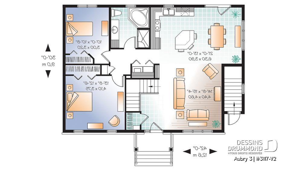 Rez-de-chaussée - Plan de maison plain-pied 3 chambres &amp; 2 salles familiales (proprio) avec appartement au sous-sol de 1 chambre - Aubry 3