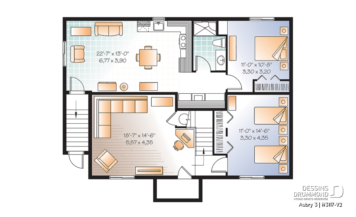 Sous-sol - Plan de maison plain-pied 3 chambres &amp; 2 salles familiales (proprio) avec appartement au sous-sol de 1 chambre - Aubry 3