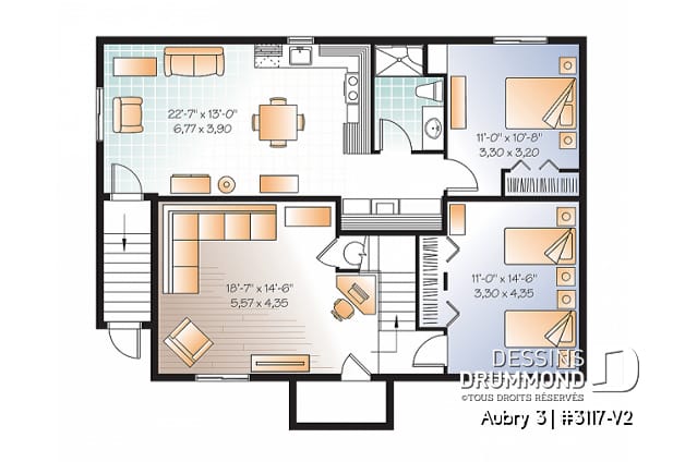 Sous-sol - Plan de maison plain-pied 3 chambres & 2 salles familiales (proprio) avec appartement au sous-sol de 1 chambre - Aubry 3