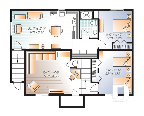 Sous-sol - Plan de maison plain-pied 3 chambres & 2 salles familiales (proprio) avec appartement au sous-sol de 1 chambre - Aubry 3