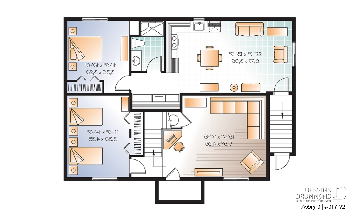 Sous-sol - Plan de maison plain-pied 3 chambres &amp; 2 salles familiales (proprio) avec appartement au sous-sol de 1 chambre - Aubry 3