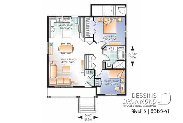 Rez-de-chaussée - Plan de DUPLEX de style champêtre avec galerie abritée au premier, 2 chambres / unité, buanderie, bon prix - Rivoli 2