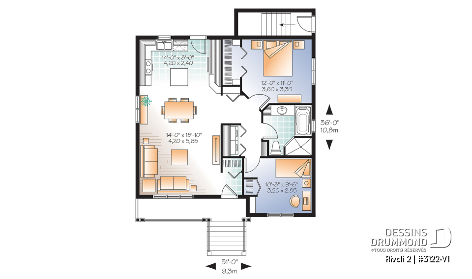 Rez-de-chaussée - Plan de DUPLEX de style champêtre avec galerie abritée au premier, 2 chambres / unité, buanderie, bon prix - Rivoli 2