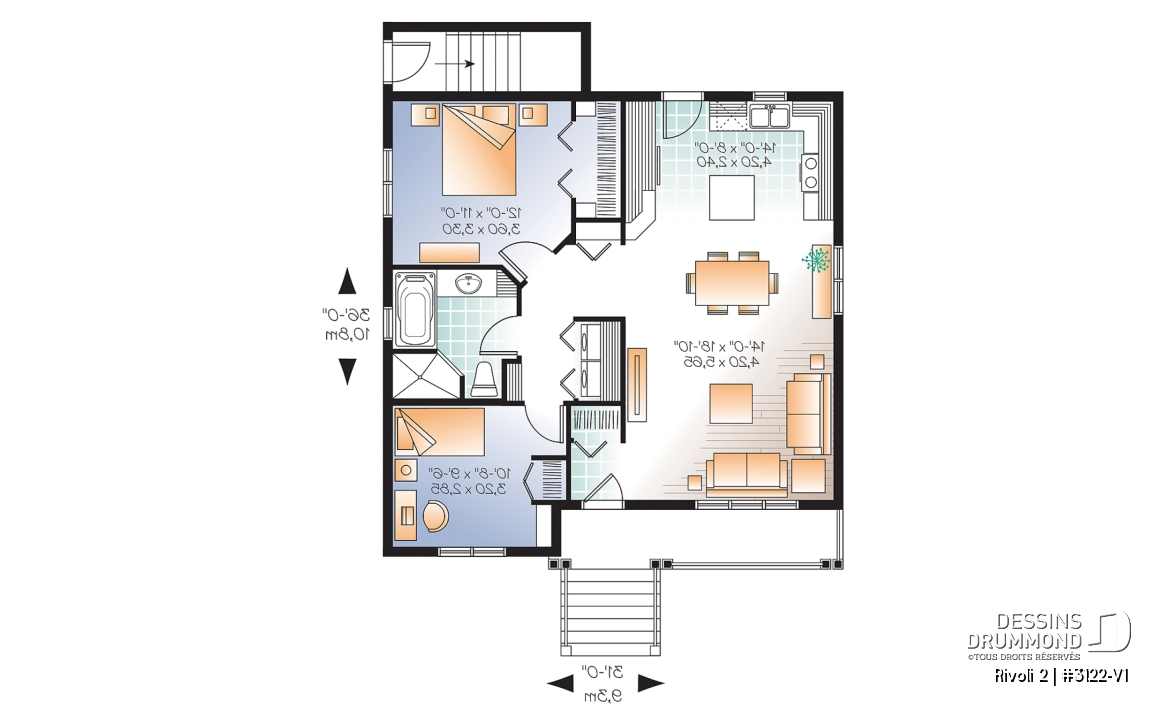 Rez-de-chaussée - Plan de DUPLEX de style champêtre avec galerie abritée au premier, 2 chambres / unité, buanderie, bon prix - Rivoli 2