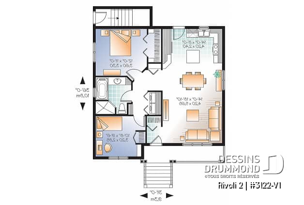 Rez-de-chaussée - Plan de DUPLEX de style champêtre avec galerie abritée au premier, 2 chambres / unité, buanderie, bon prix - Rivoli 2
