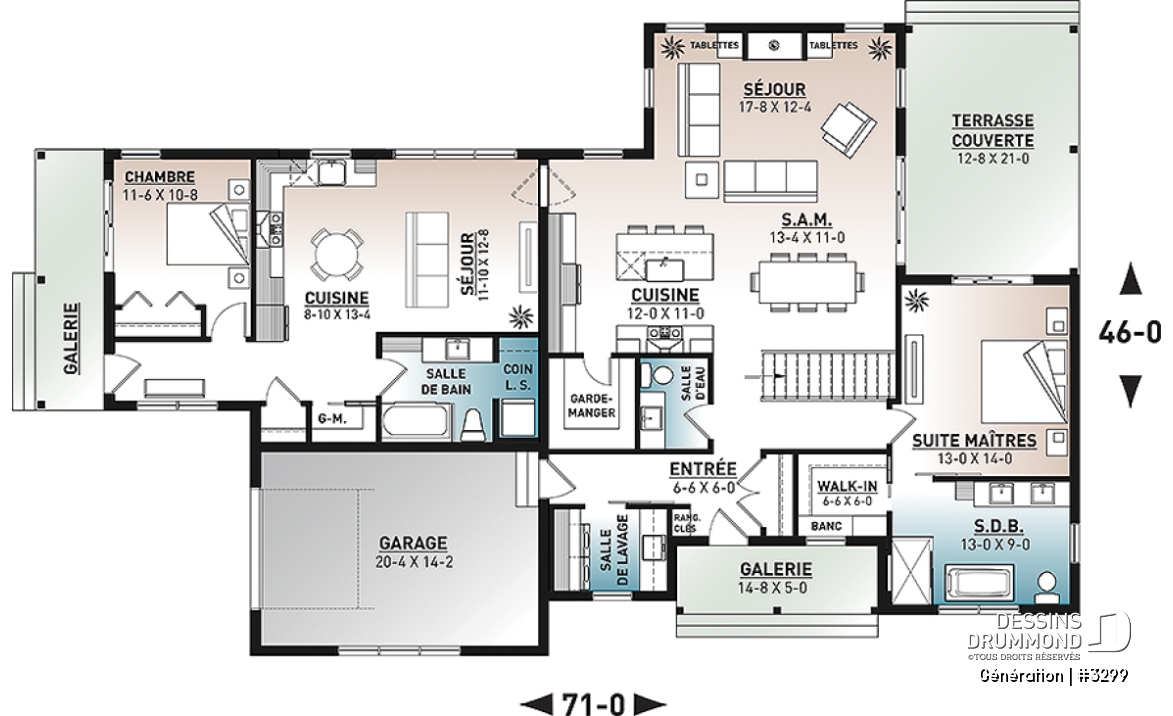 Rez-de-chaussée - Plan de maison bi-génération de style Farmhouse Moderne, avec garage, superbe terrasse abritée - Génération