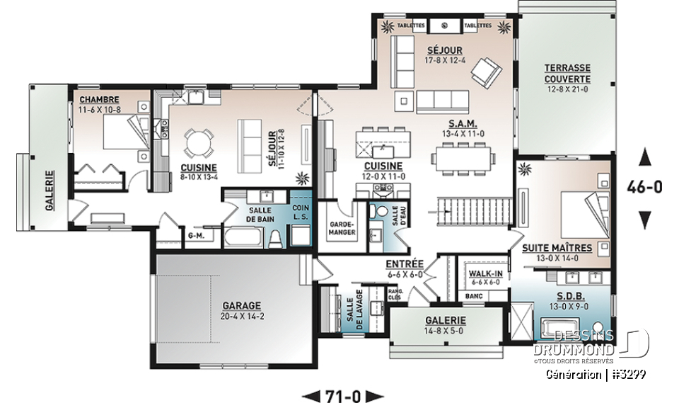 Rez-de-chaussée - Plan de maison bi-génération de style Farmhouse Moderne, avec garage, superbe terrasse abritée - Génération