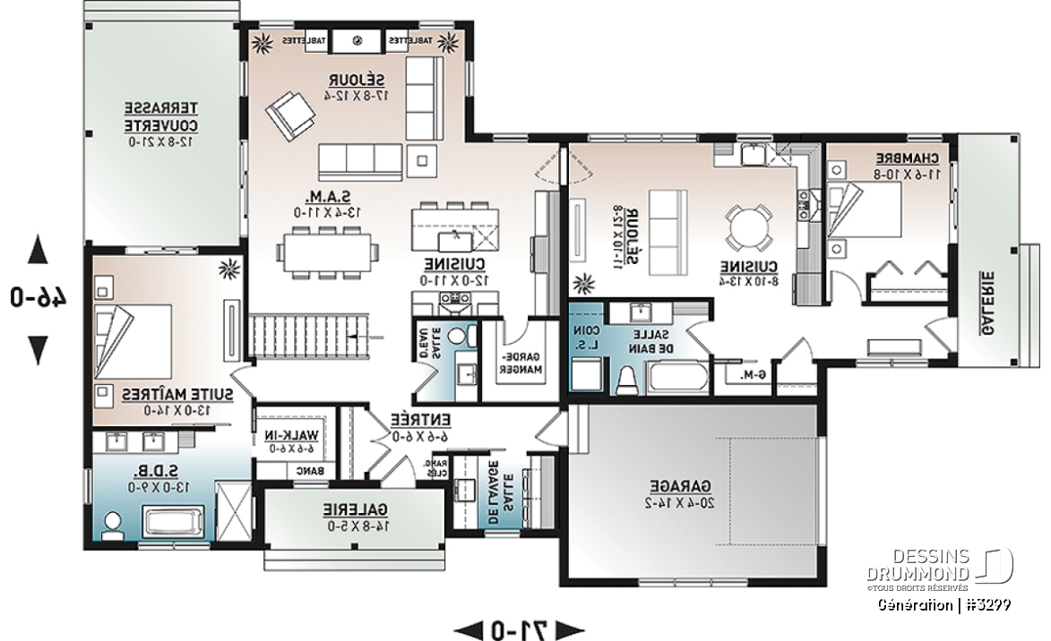 Rez-de-chaussée - Plan de maison bi-génération de style Farmhouse Moderne, avec garage, superbe terrasse abritée - Génération