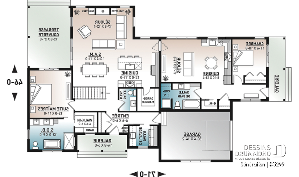 Rez-de-chaussée - Plan de maison bi-génération de style Farmhouse Moderne, avec garage, superbe terrasse abritée - Génération