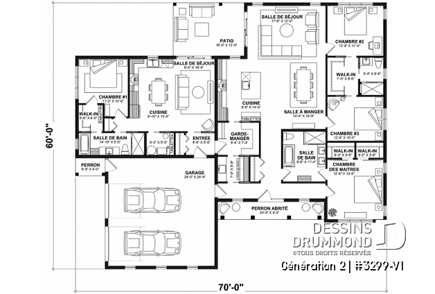 Rez-de-chaussée - Plan de maison intergénérationnelle proposant 3 chambres et 2 s.de bain au logement principal - Génération 2