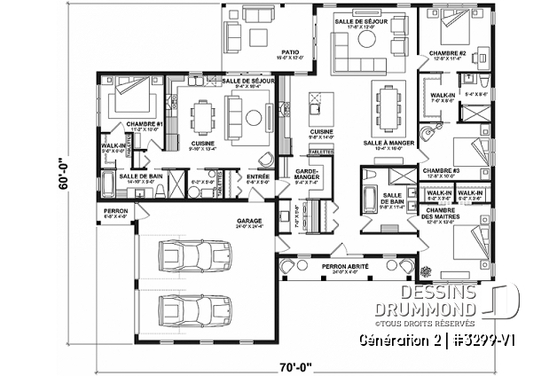 Rez-de-chaussée - Plan de maison intergénérationnelle proposant 3 chambres et 2 s.de bain au logement principal - Génération 2