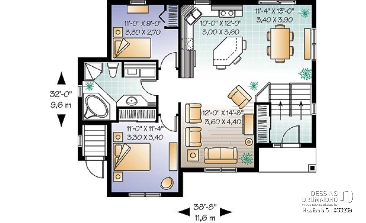 Rez-de-chaussée - Plan de maison avec bachelor au sous-sol, 3 chambres, 2 salles de séjour au propriétaire - Hautbois 5