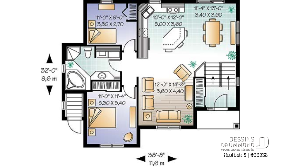 Rez-de-chaussée - Plan de maison avec bachelor au sous-sol, 3 chambres, 2 salles de séjour au propriétaire - Hautbois 5