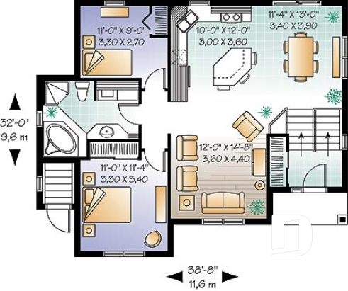 Rez-de-chaussée - Plan de maison avec bachelor au sous-sol, 3 chambres, 2 salles de séjour au propriétaire - Hautbois 5