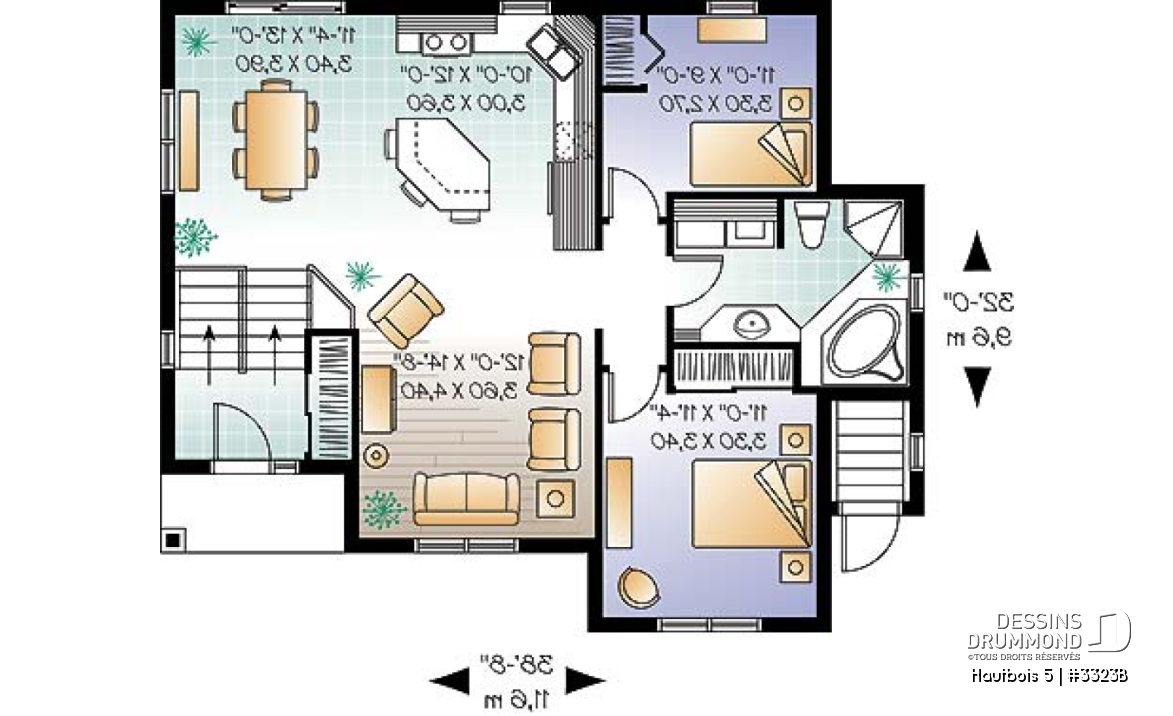 Rez-de-chaussée - Plan de maison avec bachelor au sous-sol, 3 chambres, 2 salles de séjour au propriétaire - Hautbois 5