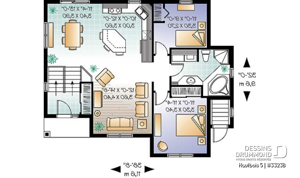 Rez-de-chaussée - Plan de maison avec bachelor au sous-sol, 3 chambres, 2 salles de séjour au propriétaire - Hautbois 5