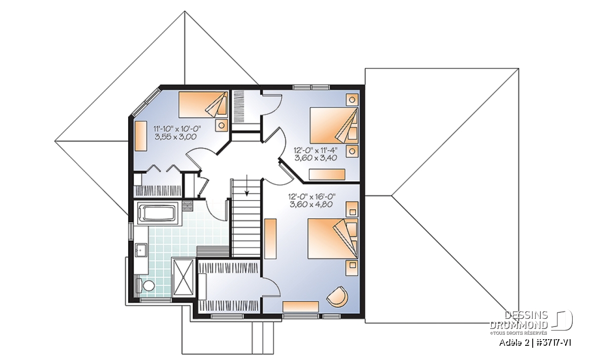 Étage - Plan de maison contemporaine avec appartement au sous-sol, 3 chambres au propriétaire, plafond 9', garage - Adèle 2