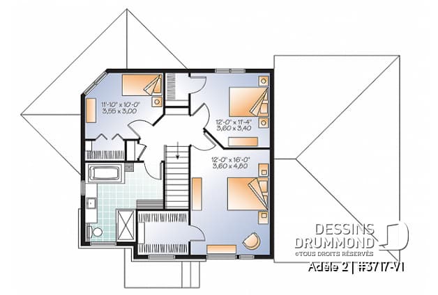 Étage - Plan de maison contemporaine avec appartement au sous-sol, 3 chambres au propriétaire, plafond 9', garage - Adèle 2
