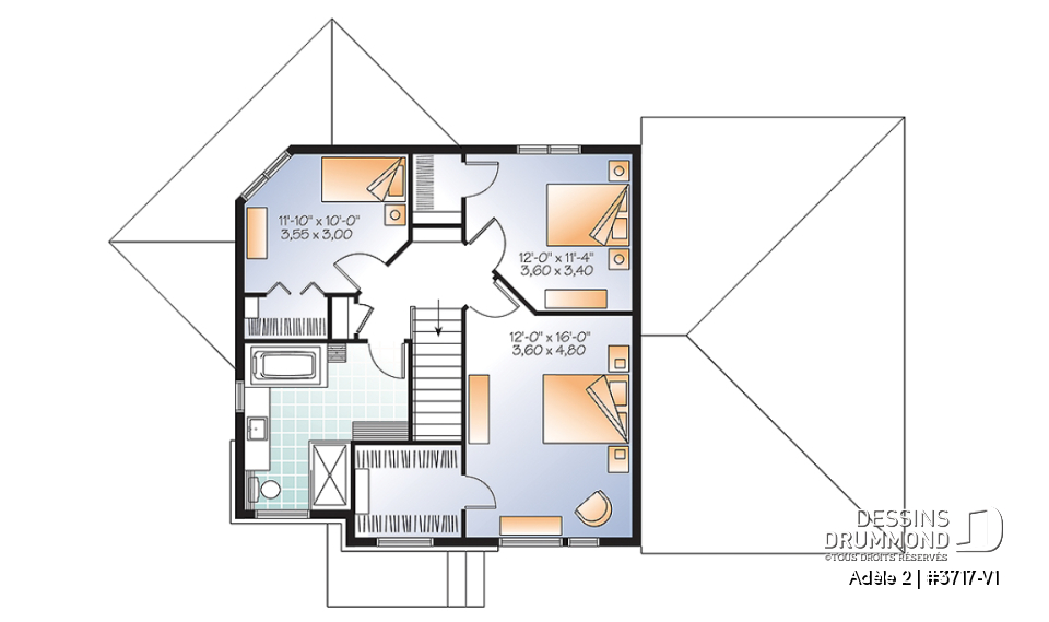 Étage - Plan de maison contemporaine avec appartement au sous-sol, 3 chambres au propriétaire, plafond 9', garage - Adèle 2