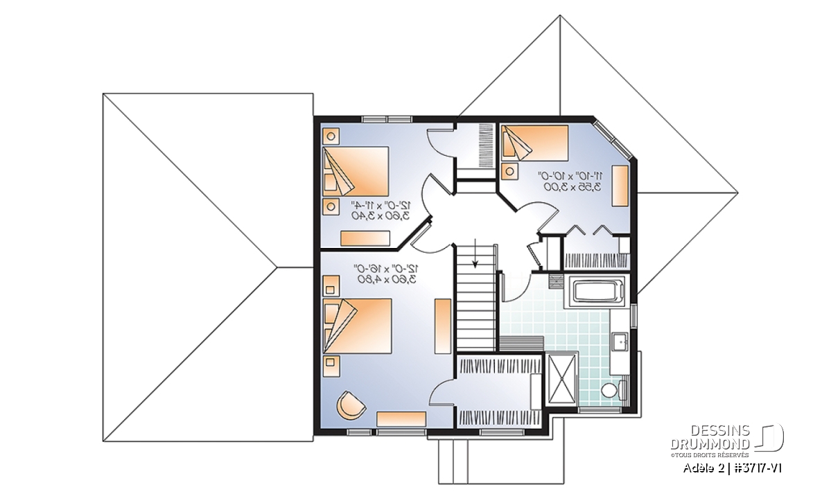 Étage - Plan de maison contemporaine avec appartement au sous-sol, 3 chambres au propriétaire, plafond 9', garage - Adèle 2