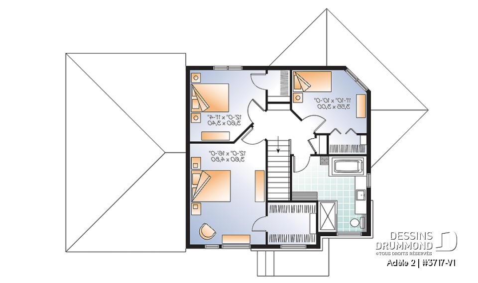 Étage - Plan de maison contemporaine avec appartement au sous-sol, 3 chambres au propriétaire, plafond 9', garage - Adèle 2