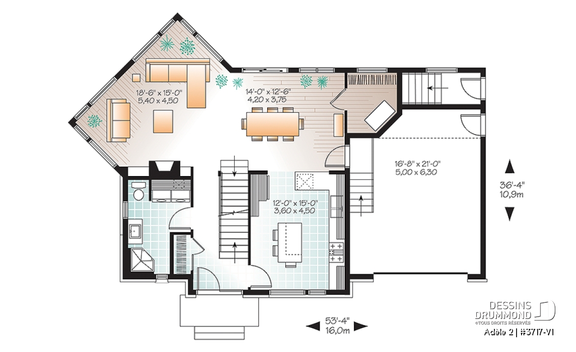 Rez-de-chaussée - Plan de maison contemporaine avec appartement au sous-sol, 3 chambres au propriétaire, plafond 9', garage - Adèle 2