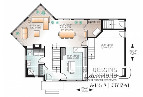 Rez-de-chaussée - Plan de maison contemporaine avec appartement au sous-sol, 3 chambres au propriétaire, plafond 9', garage - Adèle 2