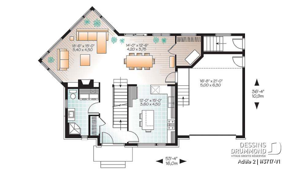 Rez-de-chaussée - Plan de maison contemporaine avec appartement au sous-sol, 3 chambres au propriétaire, plafond 9', garage - Adèle 2