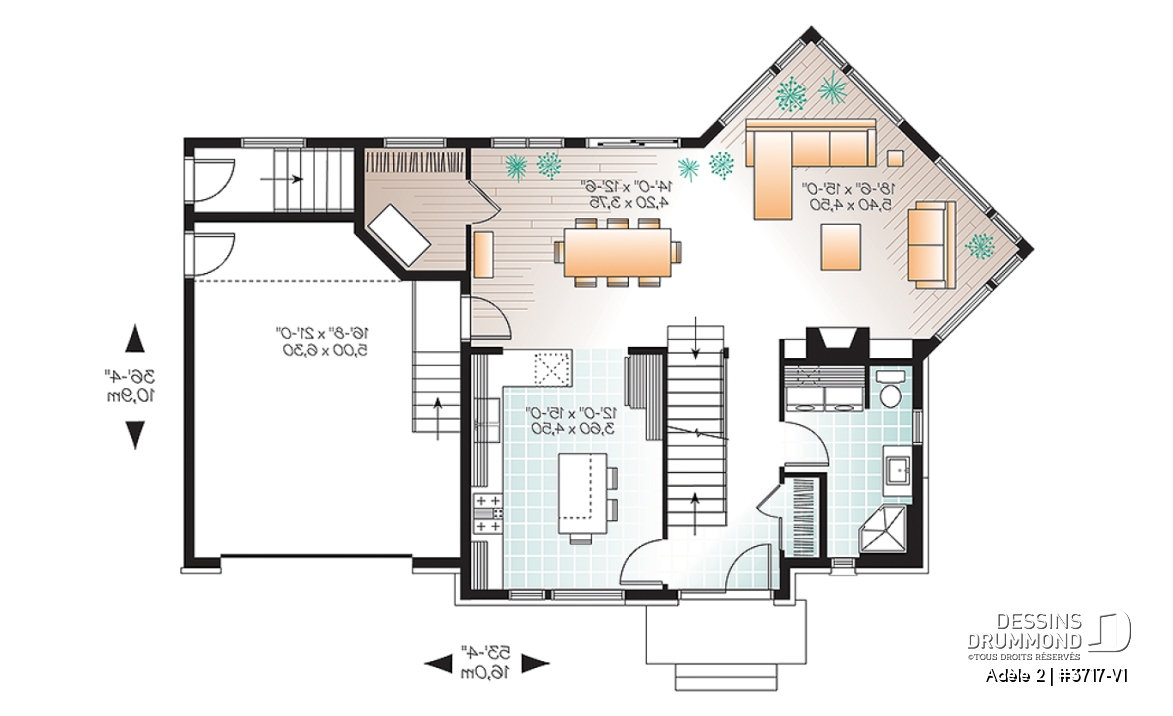 Rez-de-chaussée - Plan de maison contemporaine avec appartement au sous-sol, 3 chambres au propriétaire, plafond 9', garage - Adèle 2