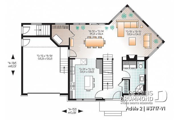 Rez-de-chaussée - Plan de maison contemporaine avec appartement au sous-sol, 3 chambres au propriétaire, plafond 9', garage - Adèle 2
