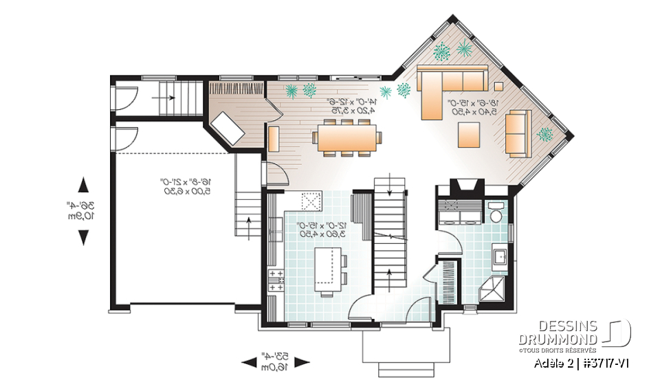 Rez-de-chaussée - Plan de maison contemporaine avec appartement au sous-sol, 3 chambres au propriétaire, plafond 9', garage - Adèle 2