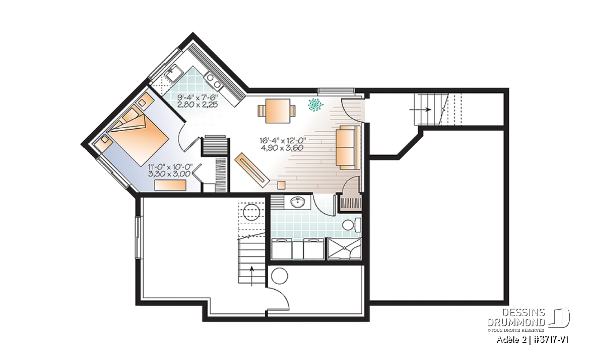 Sous-sol - Plan de maison contemporaine avec appartement au sous-sol, 3 chambres au propriétaire, plafond 9', garage - Adèle 2