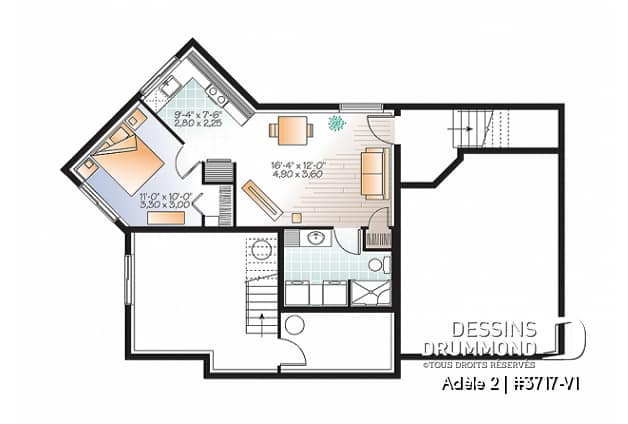 Sous-sol - Plan de maison contemporaine avec appartement au sous-sol, 3 chambres au propriétaire, plafond 9', garage - Adèle 2